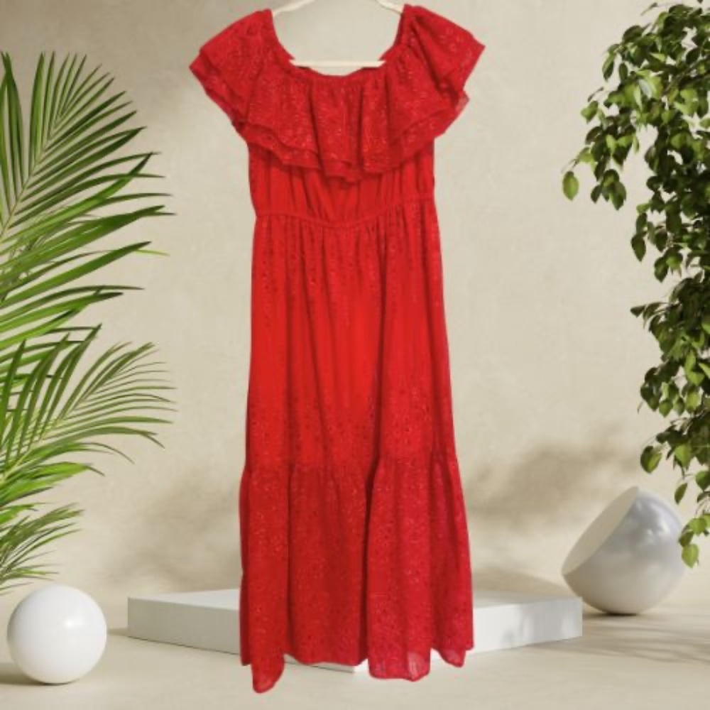 NWT Mexican Style Off-Shoulder Red Eyelet Maxi Dress